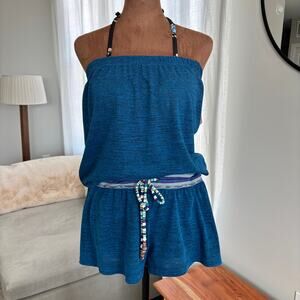 2000s Lucky Brand Bathing Suits Swim Romper Cover Up Strapless Blue Boho XS / S